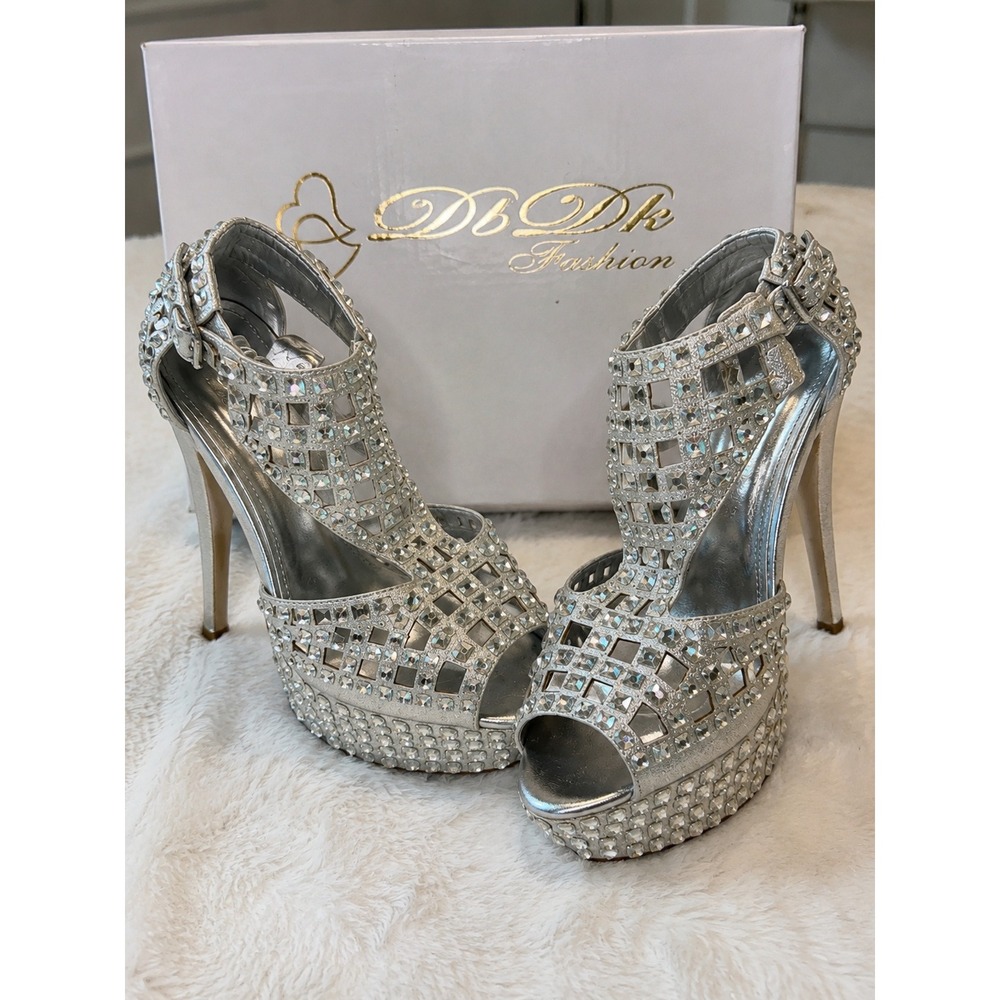DbDk Fashion Silver Rhinestone Caged Platform Heels Peep Toe Pageant Sandals 10